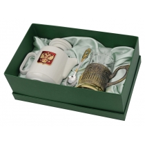 Чайный набор с подстаканником и фарфоровым чайником ЭГОИСТ-Л, золотистый/белый