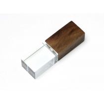 USB-флешка на 32 Гб прямоугольной формы, под гравировку 3D логотипа, материал стекло, с деревянным колпачком красного цвета, синий