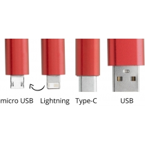 Зарядный кабель с разъемами micro USB, USB-C и Lightning, красный