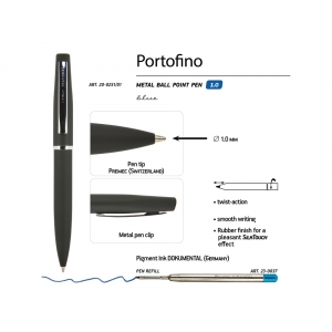 Ручка Portofino шариковая  автоматическая, черный металлический корпус, 1,0 мм, синяя