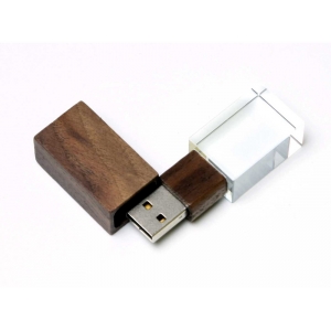 USB-флешка на 16 Гб прямоугольной формы, под гравировку 3D логотипа, материал стекло, с деревянным колпачком красного цвета, зеленый