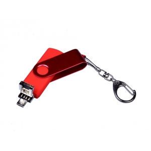 USB-флешка на 64 ГБ 3 в 1 поворотный механизм, c двумя дополнительными разъемами MicroUSB и TypeC C с одноцветным металлическим клипом, красный