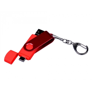 USB-флешка на 32 Гб 3 в 1 поворотный механизм, c двумя дополнительными разъемами MicroUSB и TypeC C с одноцветным металлическим клипом, красный
