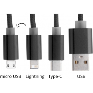 Кабель-брелок micro USB, USB-C и Lightning, черный